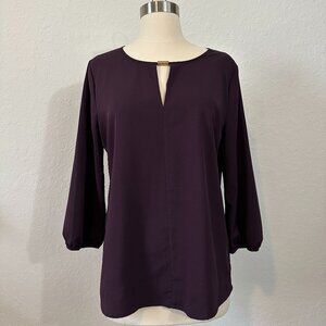 Banana Republic M Flowy 3/4 Sleeve Blouse Dark Plum Purple Cutout Neckline